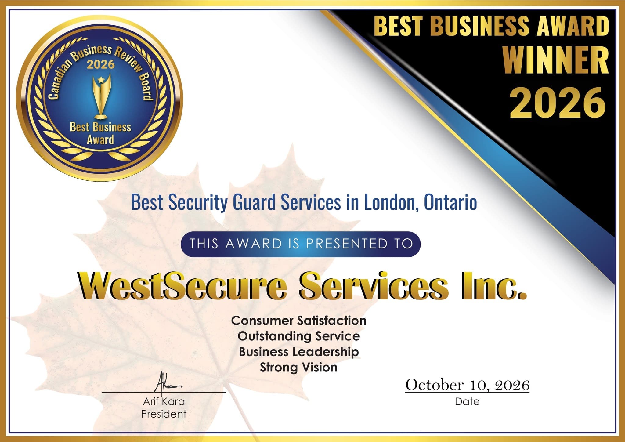 2026 best business award winner certificate presented to WestSecure Services Inc.